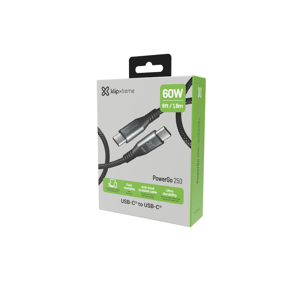 cable trenzado usb c a usb c klip xtreme powergo 250 (1.8 metros / 60w / pd) cable trenzado usb c a usb c klip xtreme powergo 250 (1.8 metros / 60w / pd)