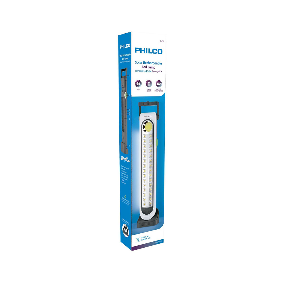 lámpara led philco recargable solar 3600mah, 45 led, usb a, manilla 320º lámpara led philco recargable solar 3600mah, 45 led, usb a, manilla 320º